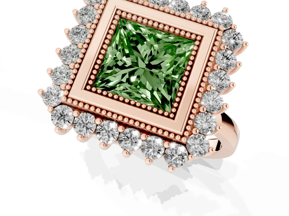 Fancy Green Princess Cut Halo Diamond Ring with Milgrain Edge and Round Prong Setting Rose gold
