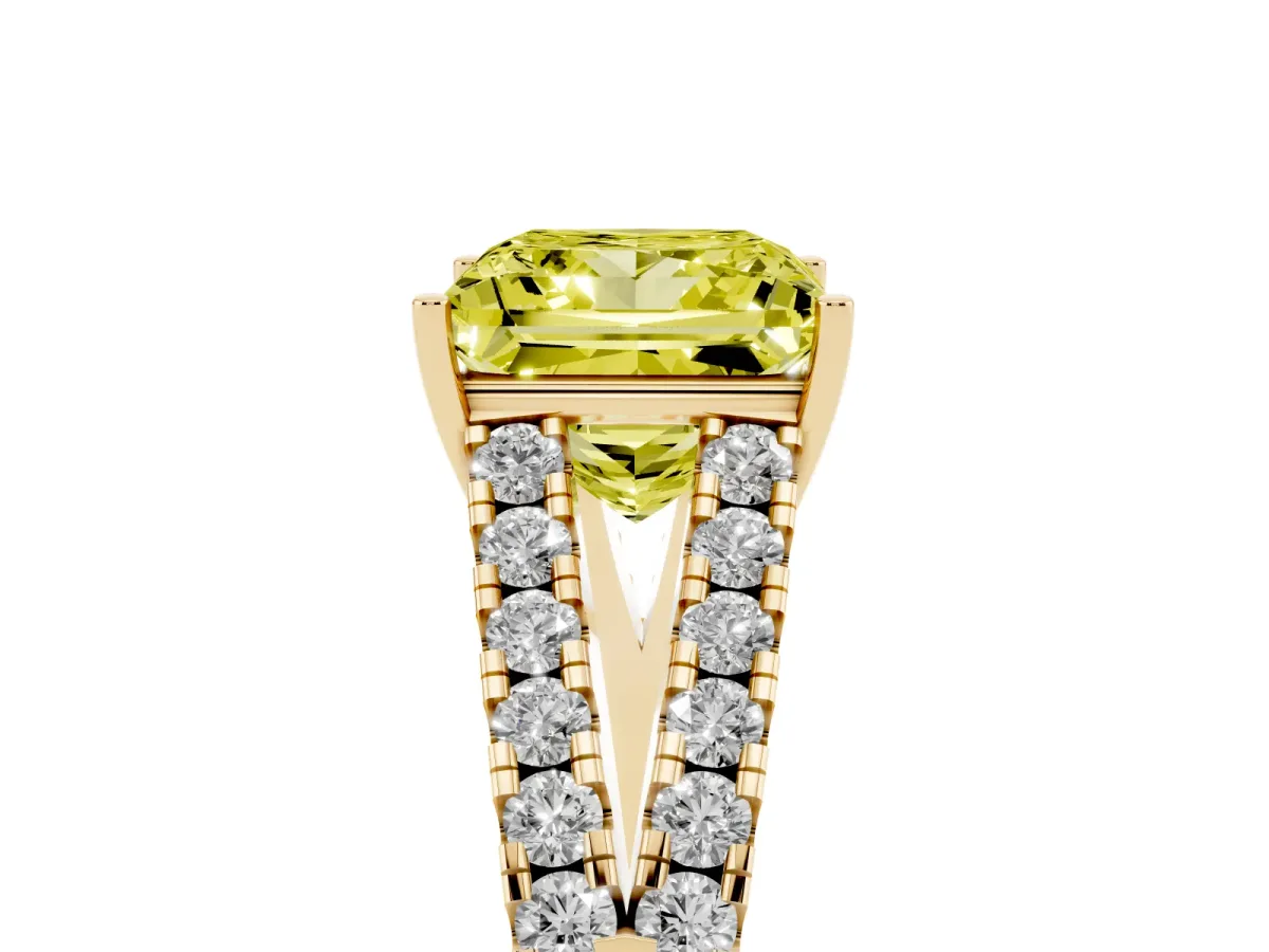 Fancy Yellow Princess Cut Diamond Split Shank Engagement Ring with Round Pavé and Prong Setting Yellow gold