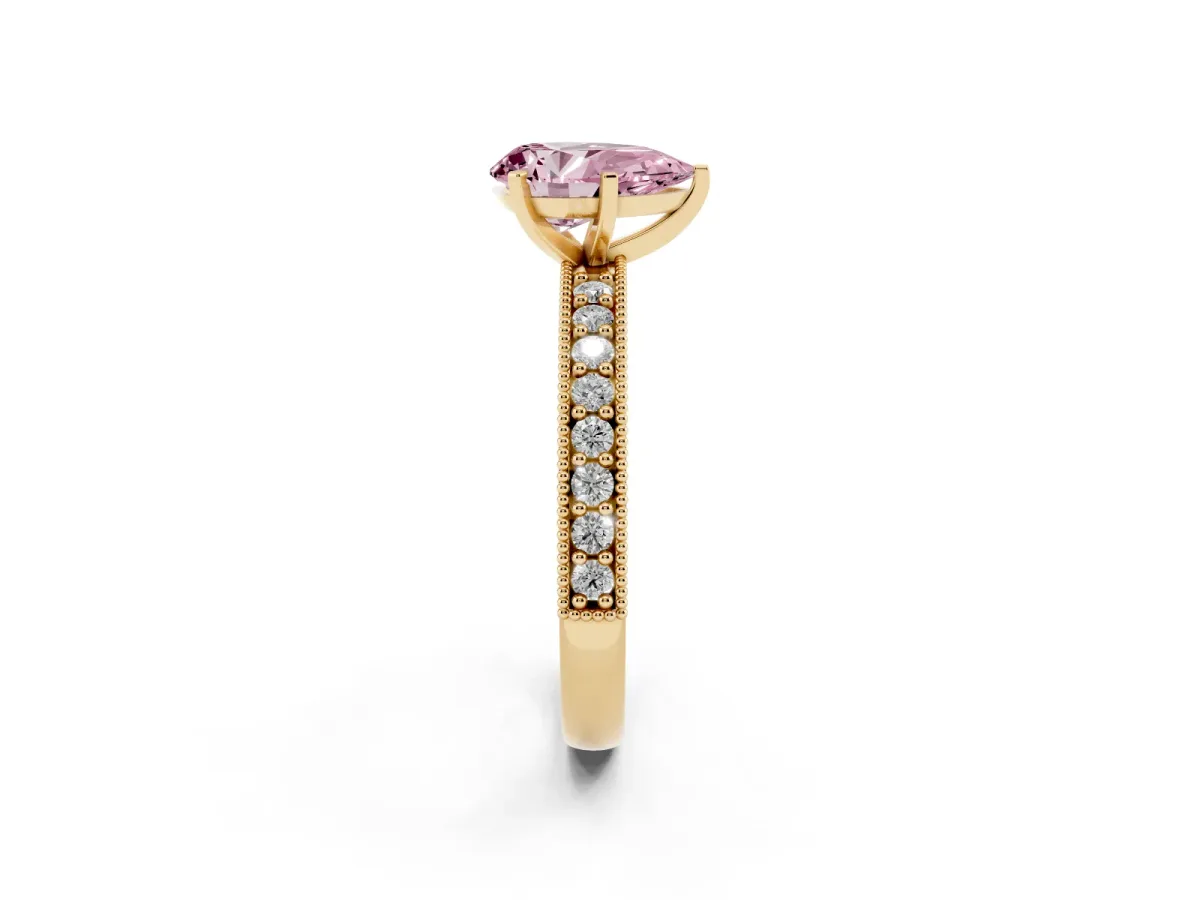 Fancy Pink Pear Cut Diamond Milgrain Pavé Engagement Ring with Four-Prong Setting Yellow gold