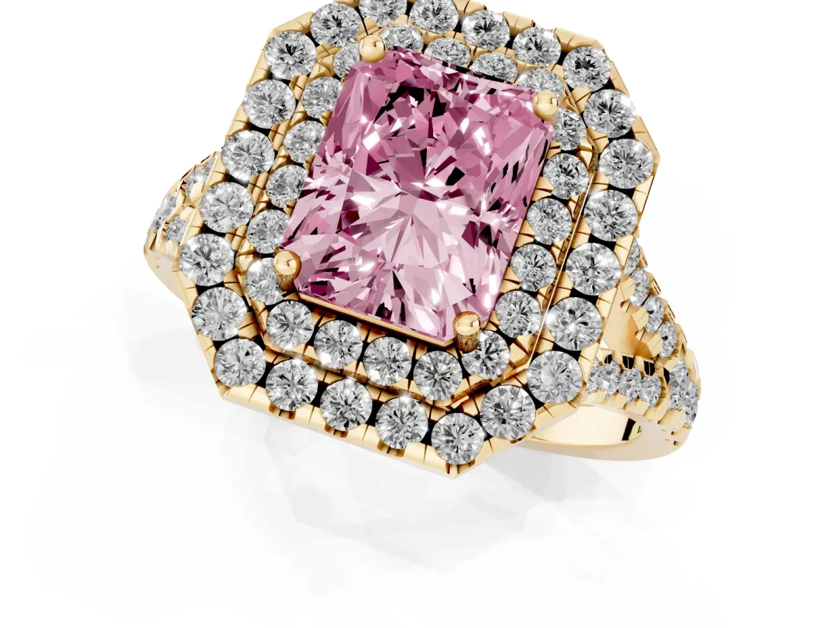 Fancy Pink Double Halo Radiant Cut Diamond Pavé Split Shank Ring with Prong Setting Yellow gold
