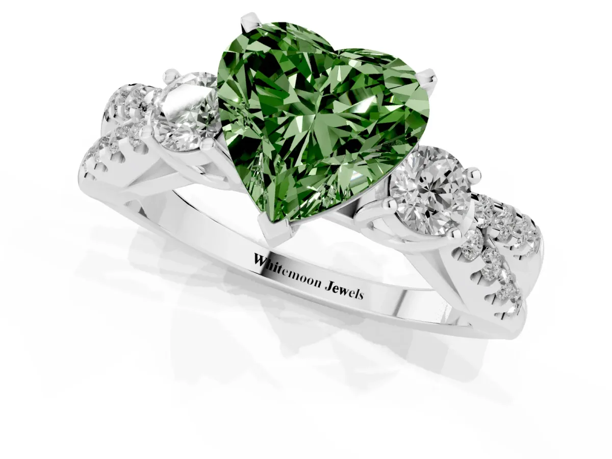 Fancy Green Heart Cut Diamond Three-Stone Ring with Pavé Split Shank and Four-Prong Setting Platinum
