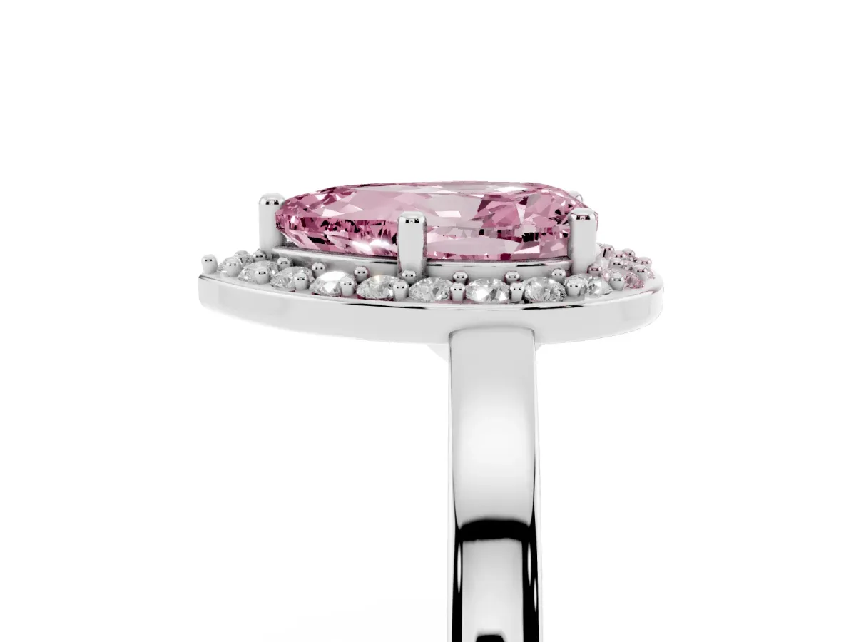 Fancy Pink Pear Cut Halo Diamond Ring with Solitaire Band and Prong Setting Silver