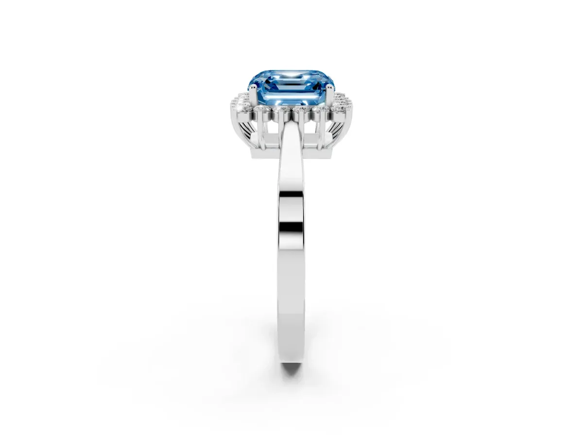 Fancy Blue Asscher Cut Cut Diamond Halo Ring with Round Brilliant Halo and Solitaire Band Silver