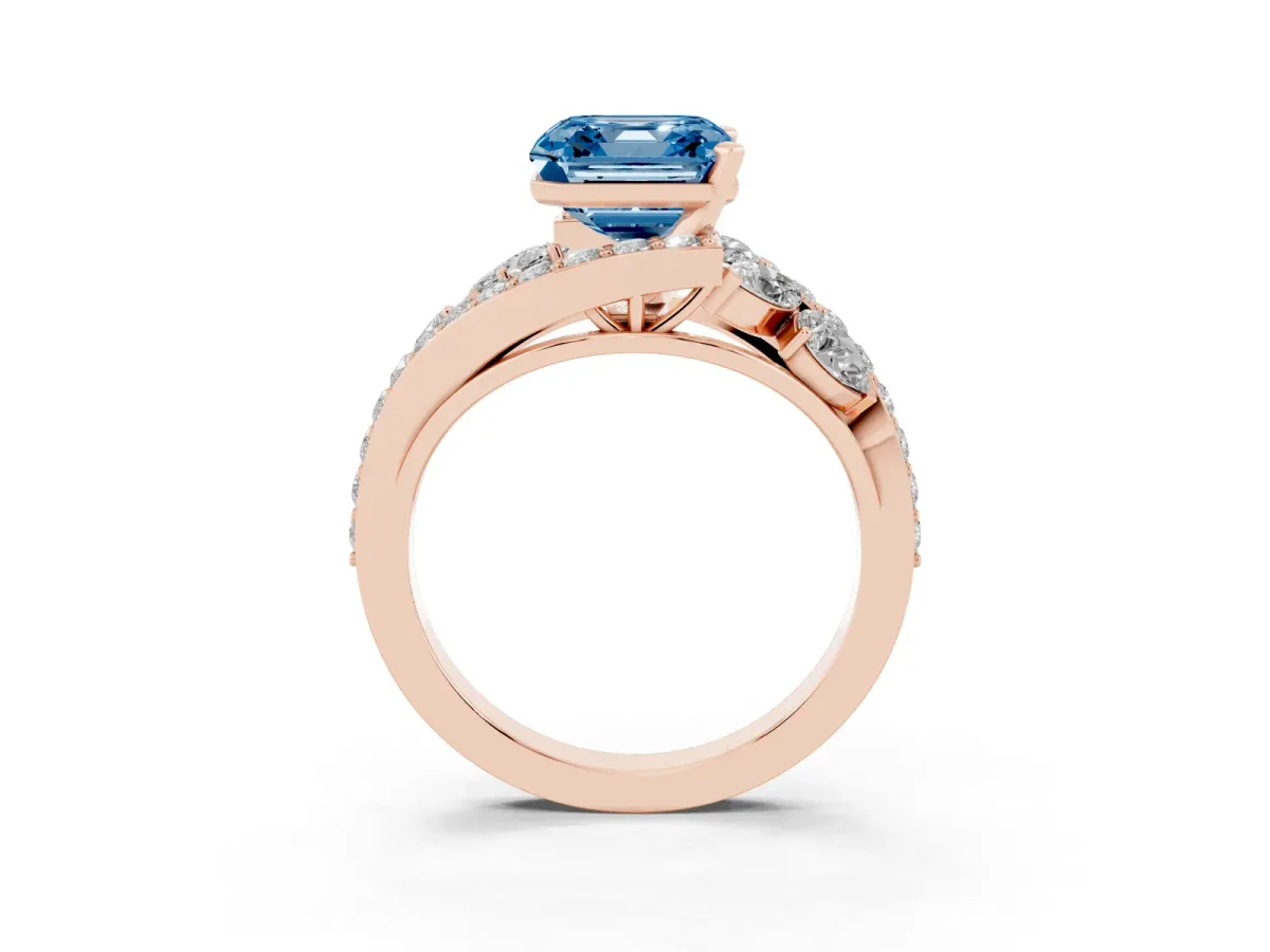 Fancy Blue Asscher Cut Diamond Halo Ring with Marquise and Pavé Band in Prong Setting Rose gold