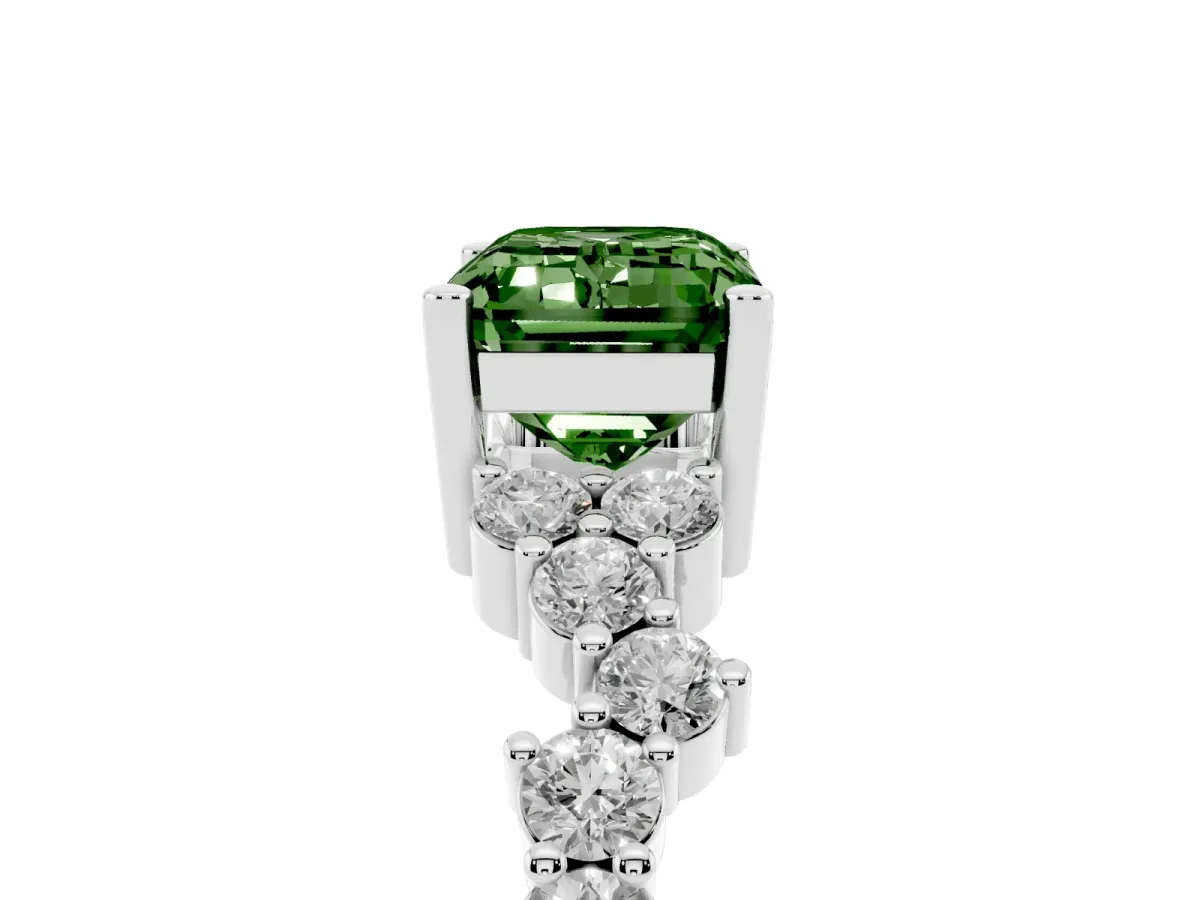 Fancy Green Emerald Cut Diamond Scattered Round Accent Ring with Prong Setting Silver