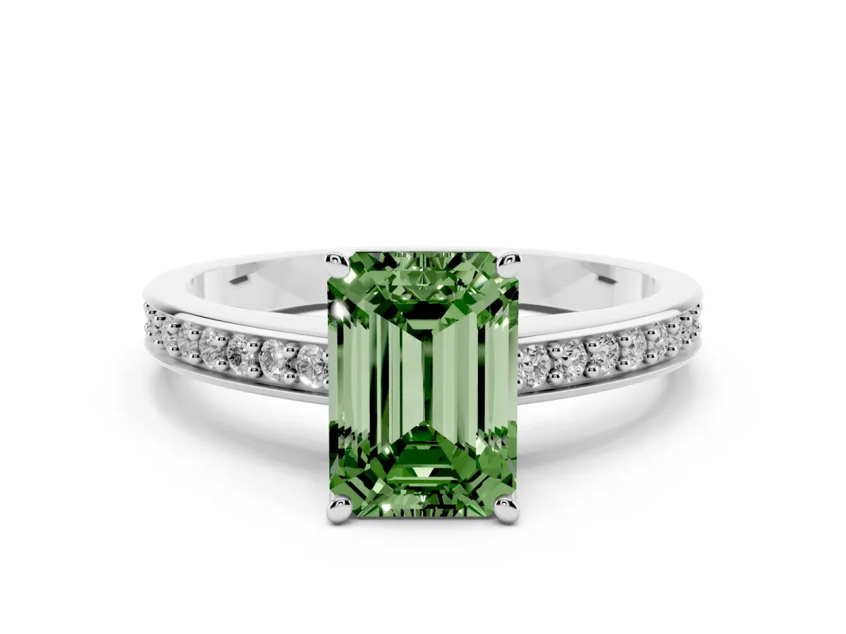 Fancy Green Emerald Cut Solitaire Pavé Band Prong Setting Ring Platinum