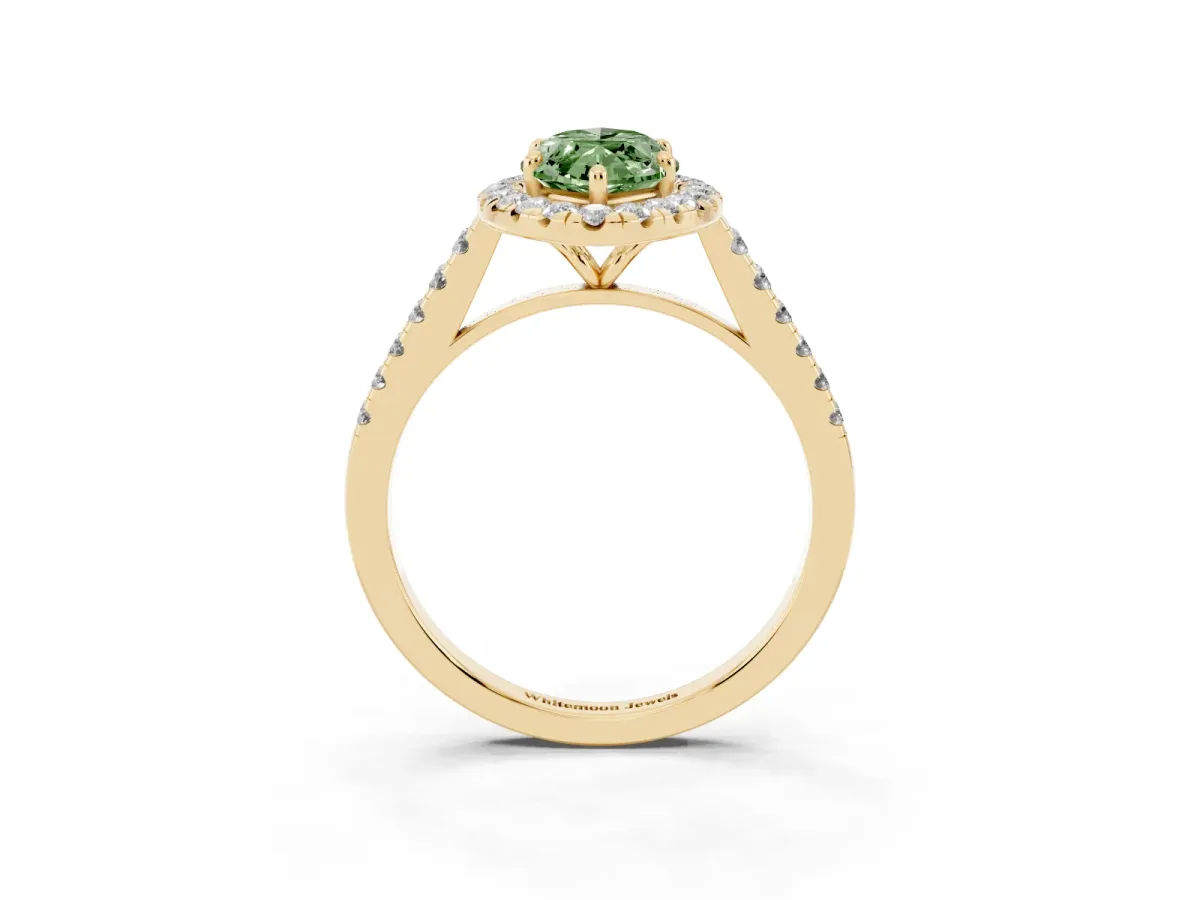 Fancy Green Marquise Cut Halo Pave Diamond Engagement Ring with Four-Prong Setting Yellow gold