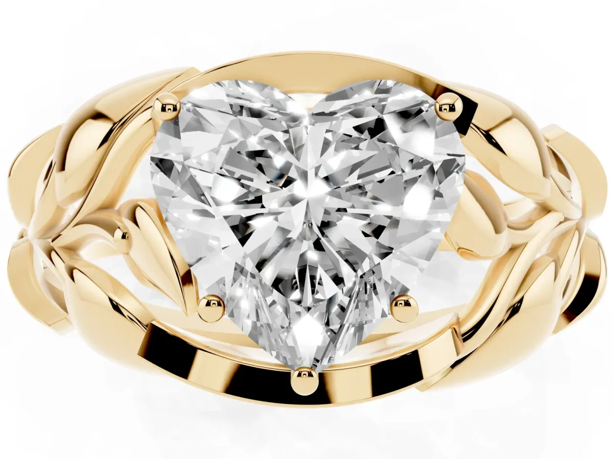 Heart Cut Diamond Leaf-Inspired Engagement Ring with Round Accents and Prong Setting Yellow gold