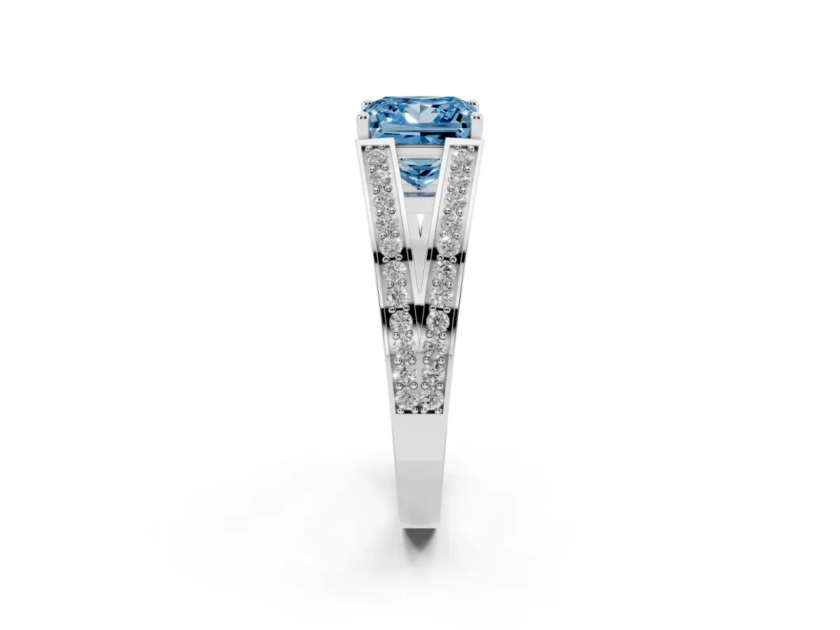 Fancy Blue Princess Cut Diamond Split Shank Ring with Pavé Band and Four-Prong Setting Platinum