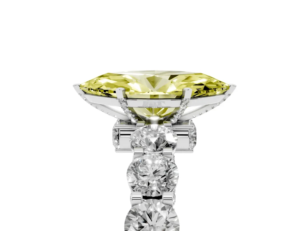 Fancy Yellow Marquise Cut Diamond Side Stone Engagement Ring with Four-Prong Setting Silver