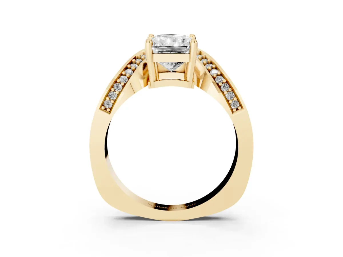 Radiant Cut Solitaire Diamond Engagement Ring with Pave Band and Four-Prong Setting Yellow gold