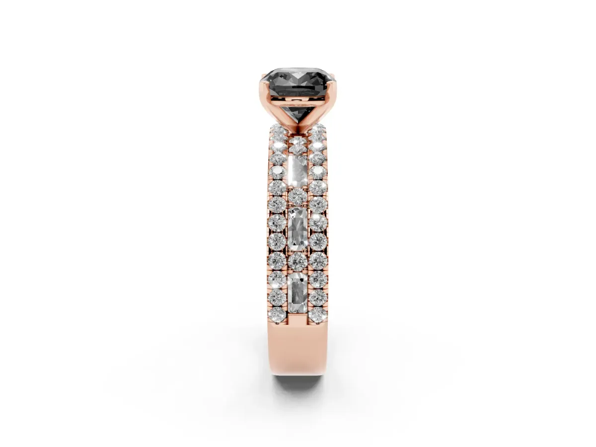Fancy Black Cushion Cut Diamond Solitaire Ring with Pavé and Channel Set Band Rose gold