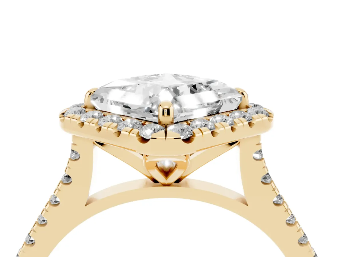 Princess Cut Diamond Cushion Halo Ring with Pavé Band Yellow gold