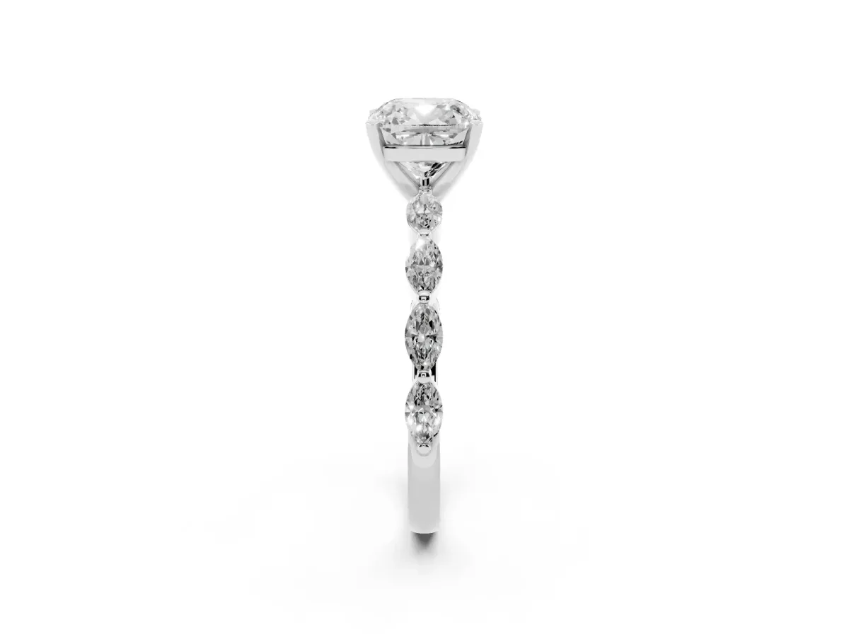 Cushion Cut Diamond Ring with Marquise Side Stones and Prong Setting Silver