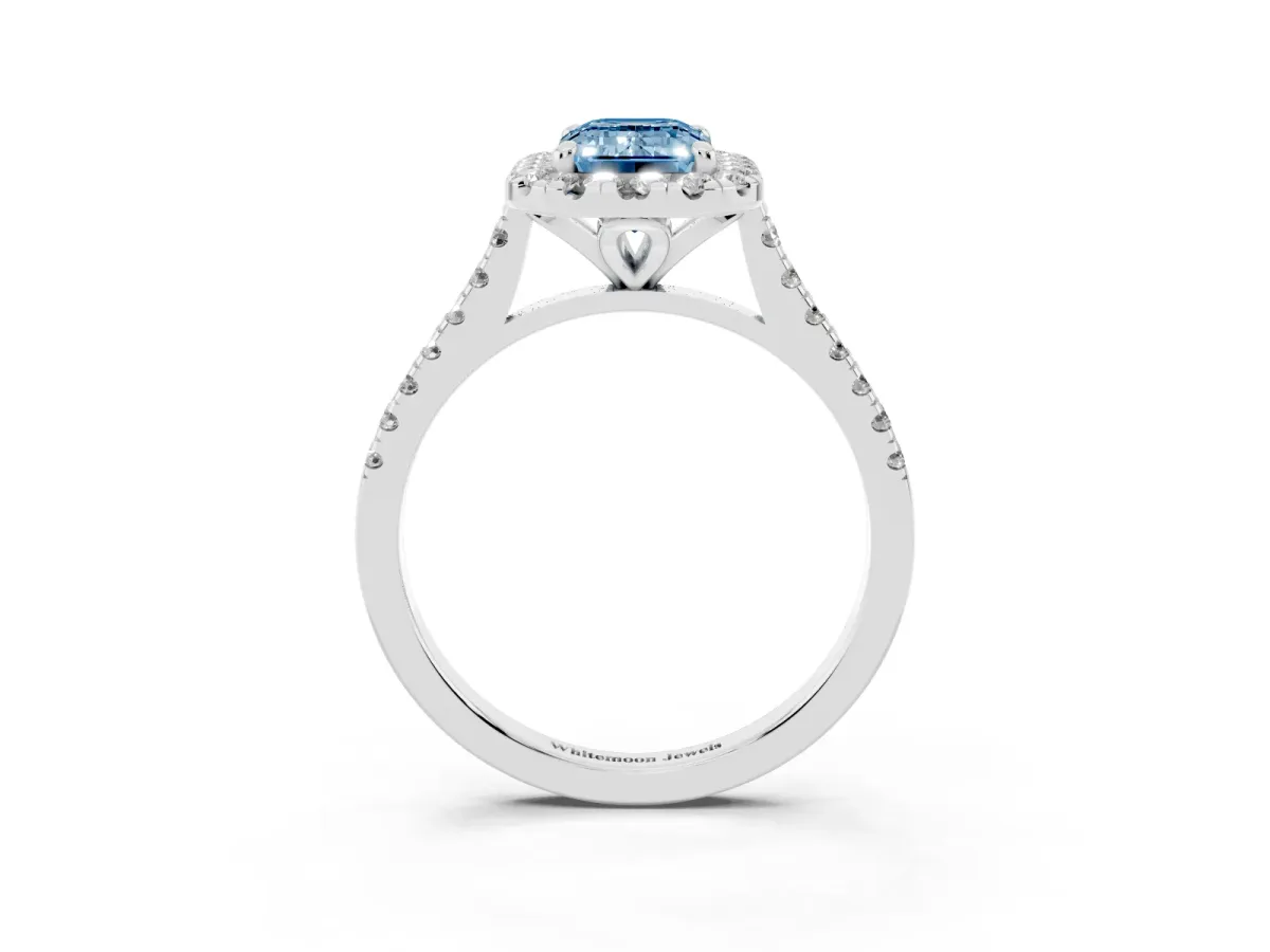 Fancy Blue Emerald Cut Diamond Cushion Halo Ring with Pavé Band Silver