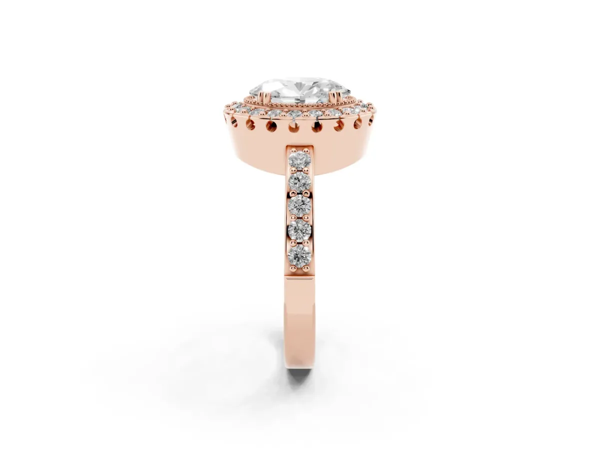 Oval Cut Diamond Halo Ring with Pavé Band and Prong Setting Rose gold