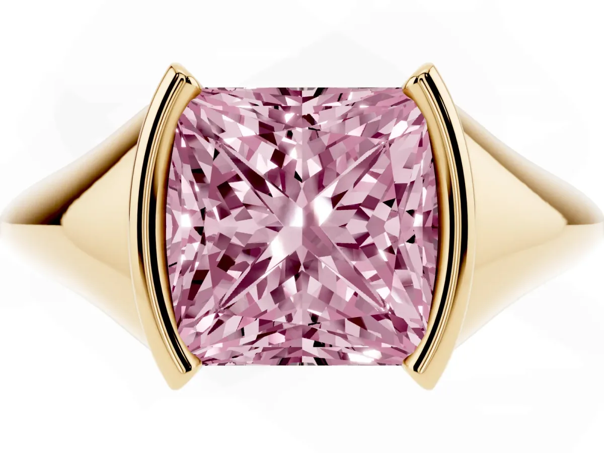 Fancy Pink Princess Cut Solitaire Tension Set Diamond Ring Yellow gold