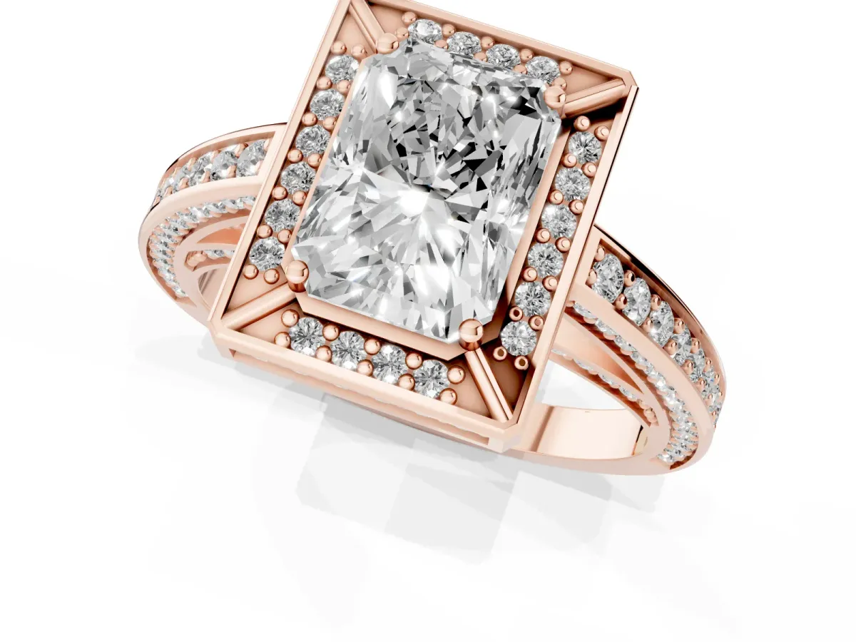 Radiant Cut Cut Halo Pave Split Shank Prong Setting Ring Rose gold