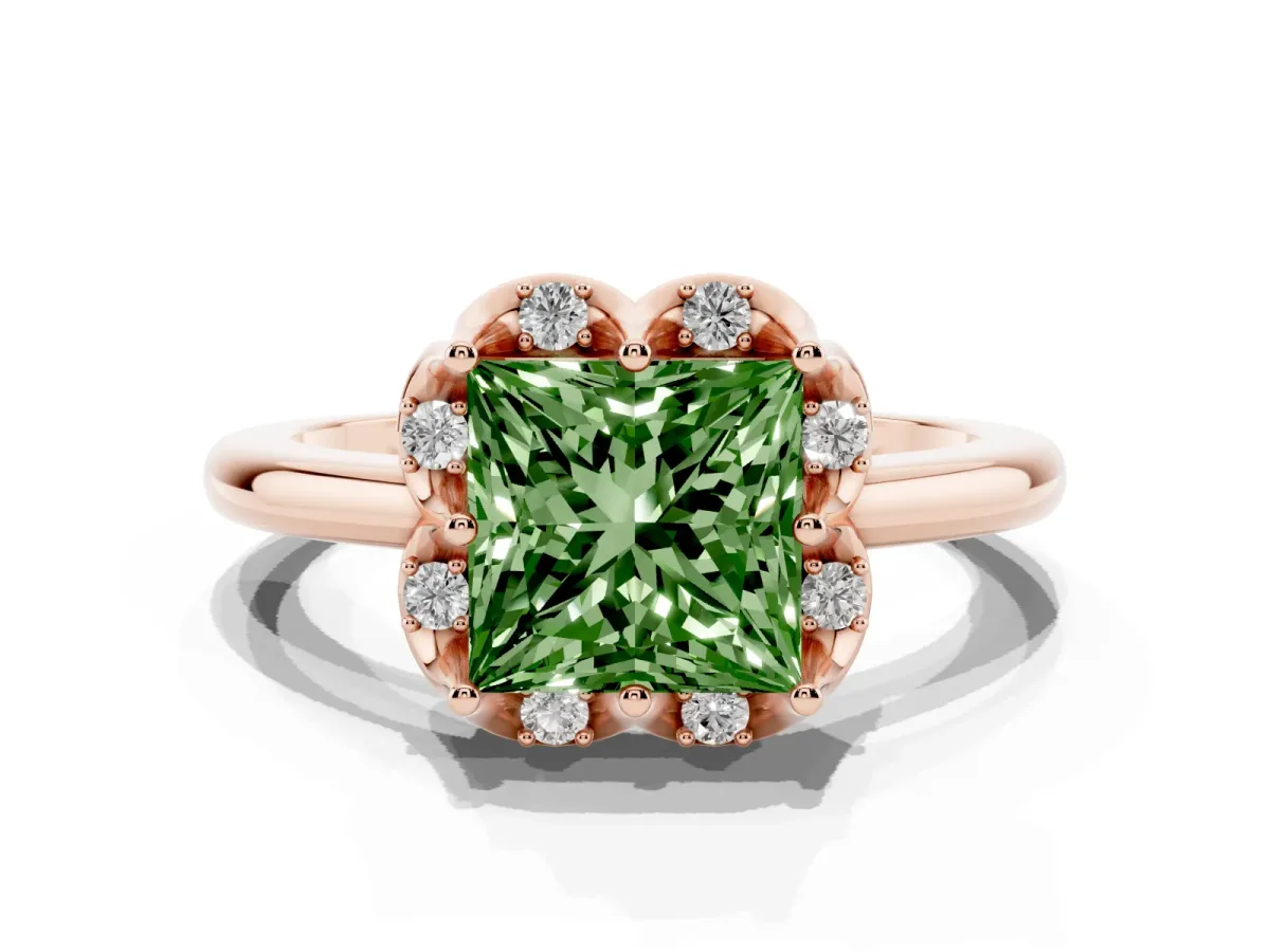 Fancy Green Princess Cut Halo Diamond Ring with Round Cluster Setting, Solitaire Band, and Four-Prong Setting Rose gold