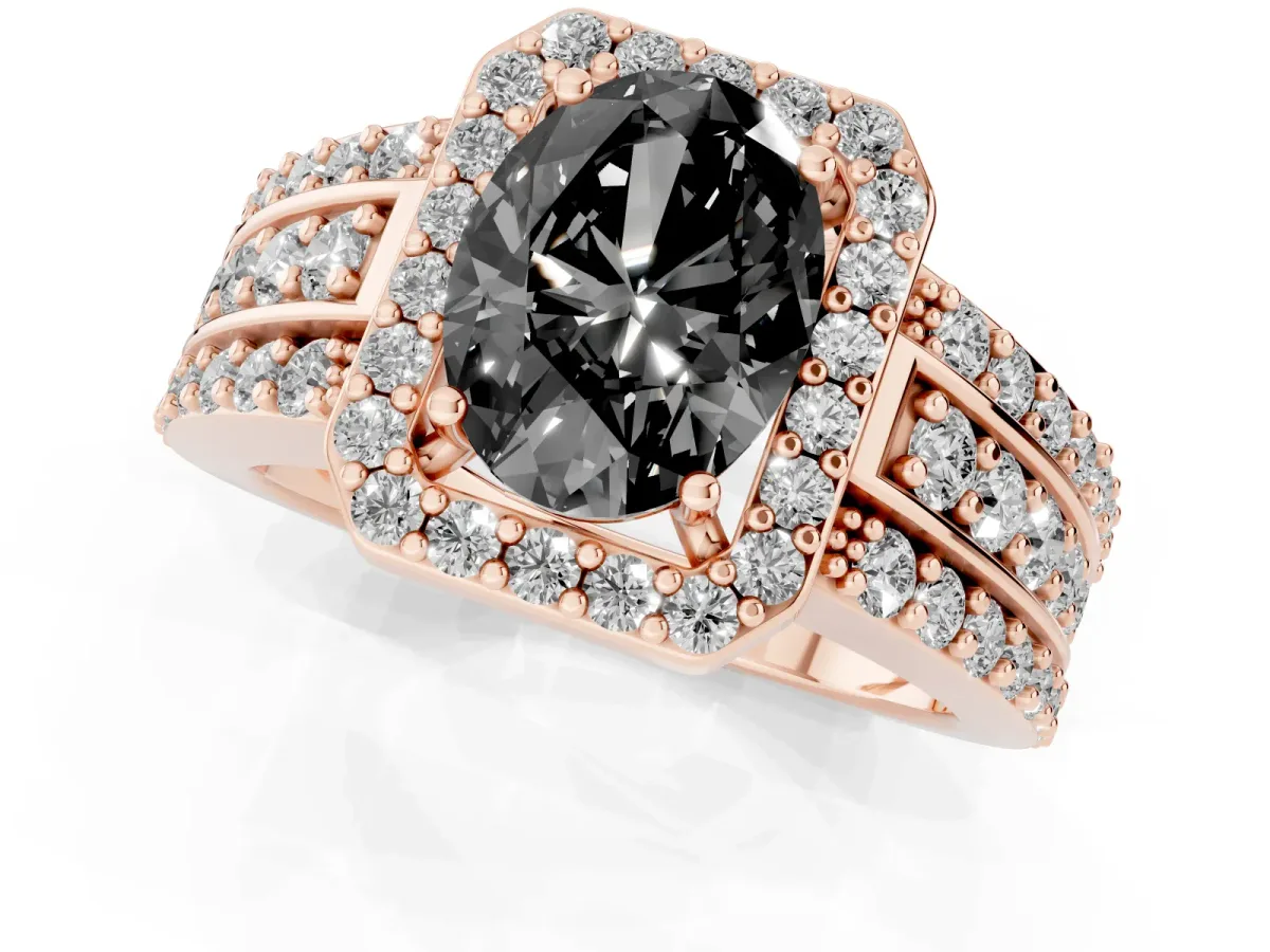 Fancy Black Oval Cut Halo Diamond Ring with Round Split Shank and Prong Setting Rose gold