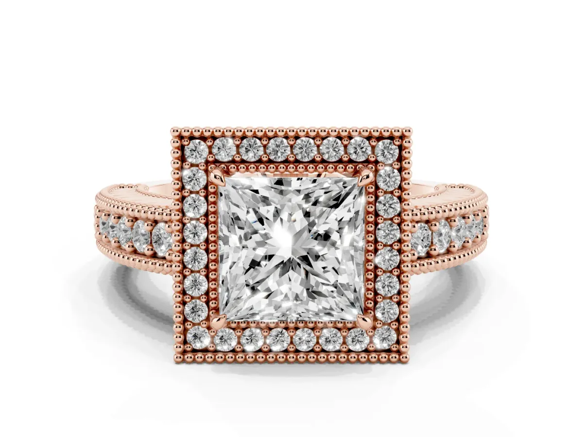 Princess Cut Cut Halo Diamond Ring with Pavé Band and Four-Prong Setting Rose gold