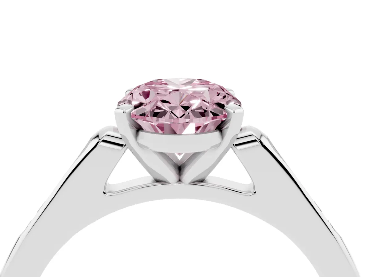 Fancy Pink Oval Cut Diamond Solitaire Ring with Channel Set Round Band and Prong Setting Silver