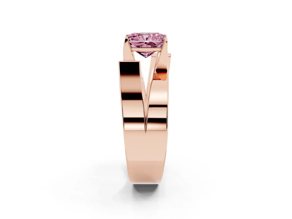 Fancy Pink Modern Tension Set Radiant Cut Diamond Solitaire Wide Band Ring Rose gold