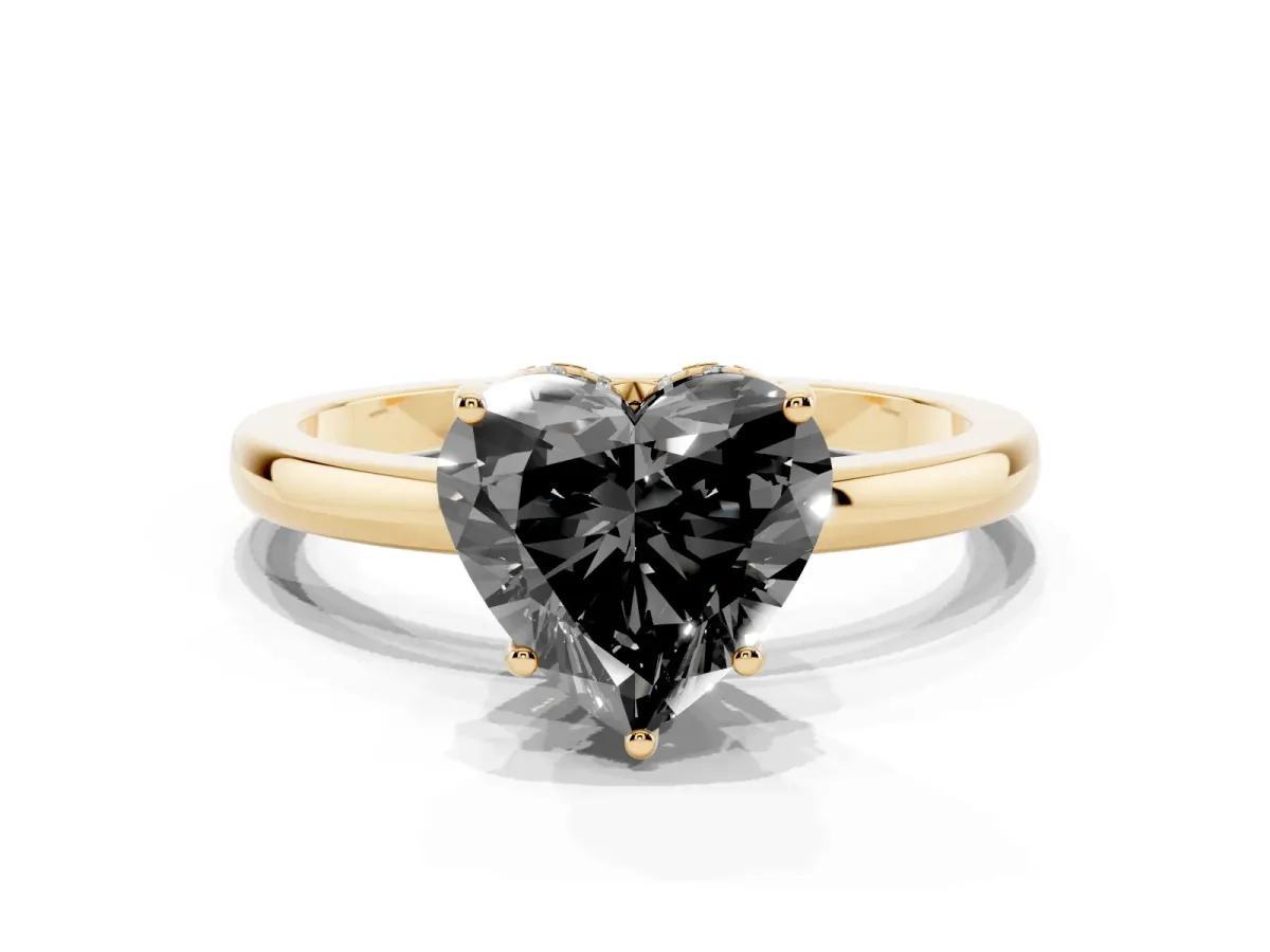 Fancy Black Heart Cut Solitaire Diamond Ring with Prong Setting and Plain Band Yellow gold