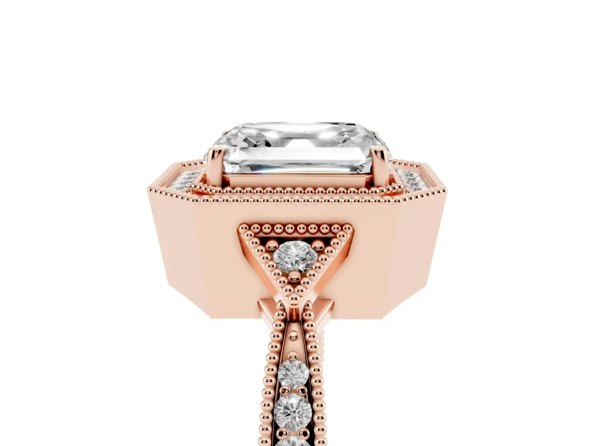 Asscher Cut Halo Round Diamond Milgrain Pave Engagement Ring Rose gold