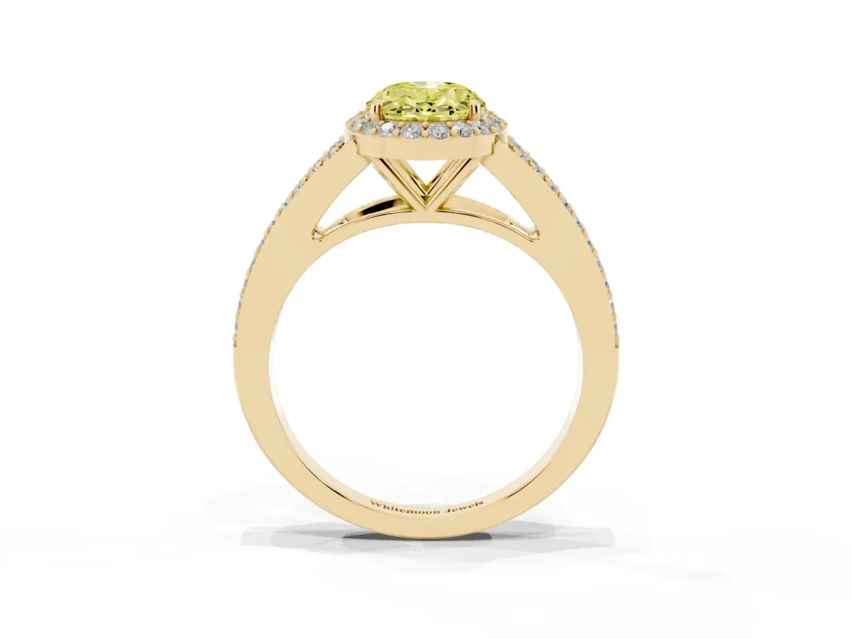 Fancy Yellow Oval Cut Halo Split Shank Diamond Ring with Prong Setting Yellow gold