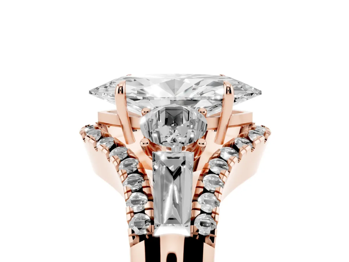Three-Stone Marquise Cut Diamond Engagement Ring with Pave Band and Prong Setting Rose gold