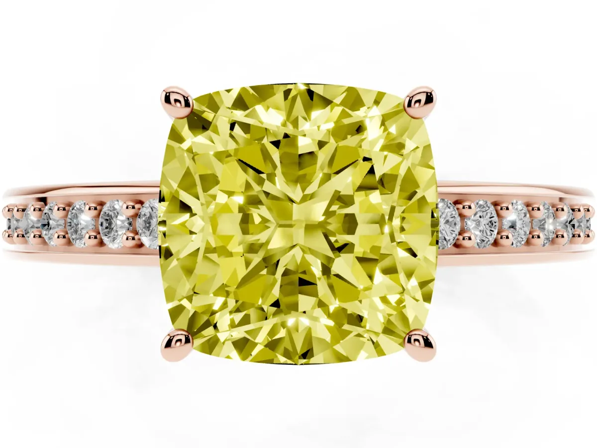 Fancy Yellow Cushion Cut Solitaire Pavé Band Prong Setting Ring Rose gold