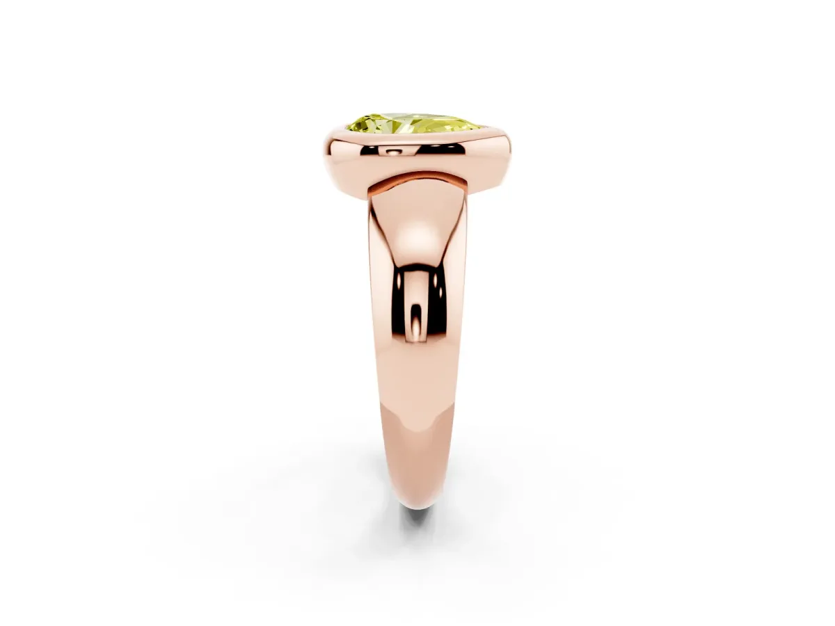 Fancy Yellow Bezel Set Pear Cut Solitaire Ring with Wide Band Rose gold