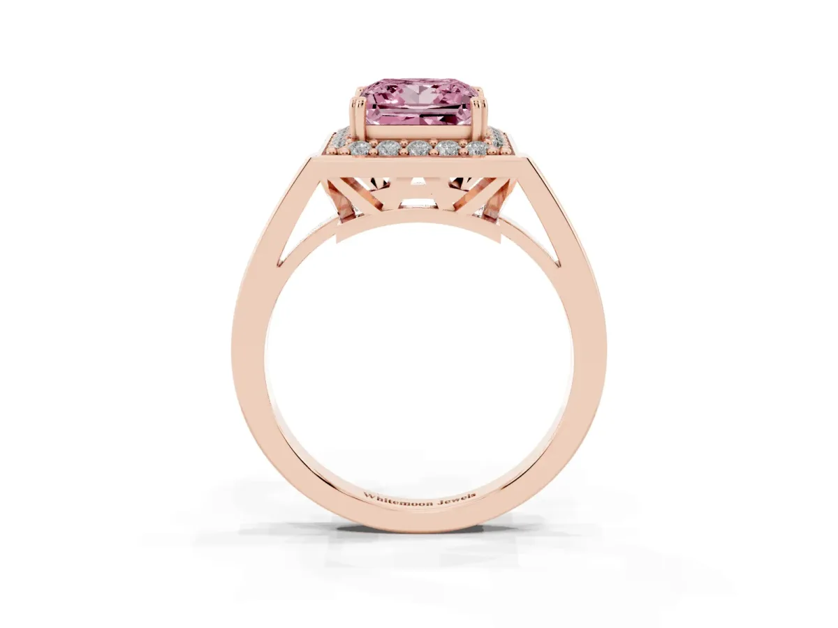 Fancy Pink Princess Cut Diamond Halo Ring with Split Shank and Four-Prong Setting Rose gold
