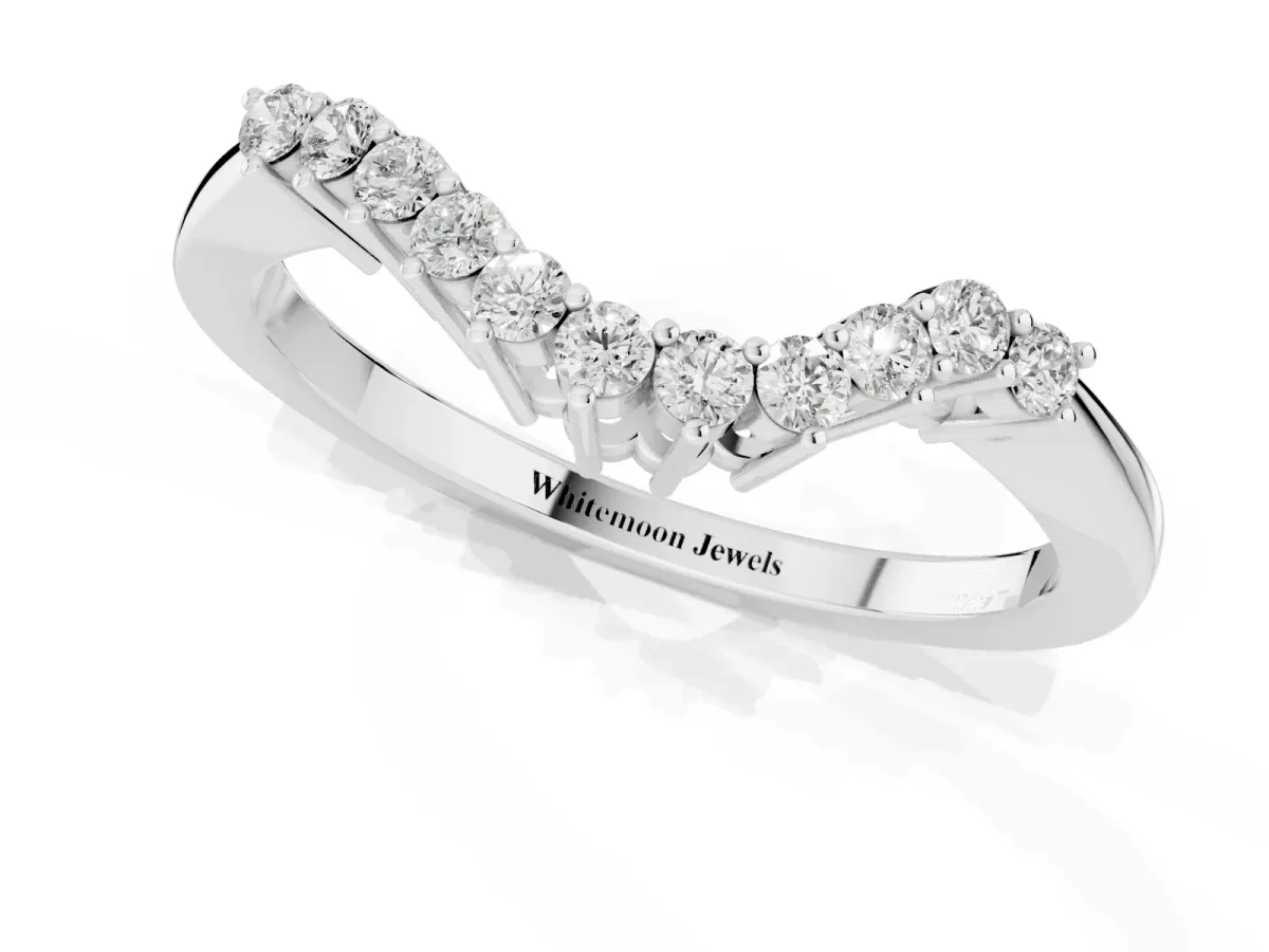 Round Diamond V-Shaped White Gold Band with Prong Setting Platinum