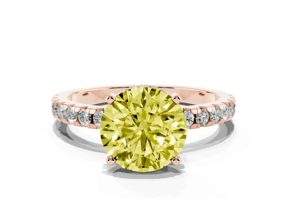 Fancy Yellow Round Cut Diamond Solitaire Ring with Round Pavé Band and Four-Prong Setting Rose gold