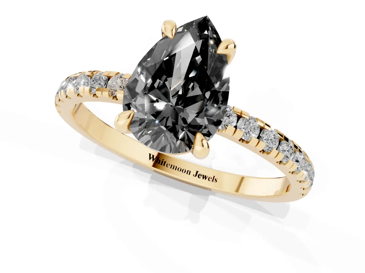 Fancy Black Pear Cut Diamond Brilliant Solitaire Ring with Pavé Band and Four-Prong Setting Yellow gold