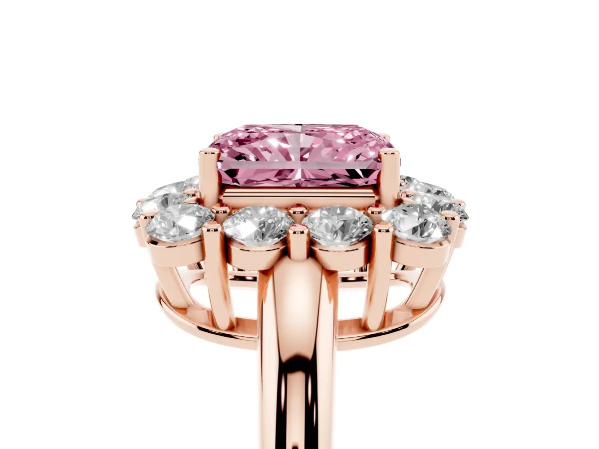 Fancy Pink Radiant Cut Halo Cluster Diamond Engagement Ring with Prong Setting and Polished Band Rose gold
