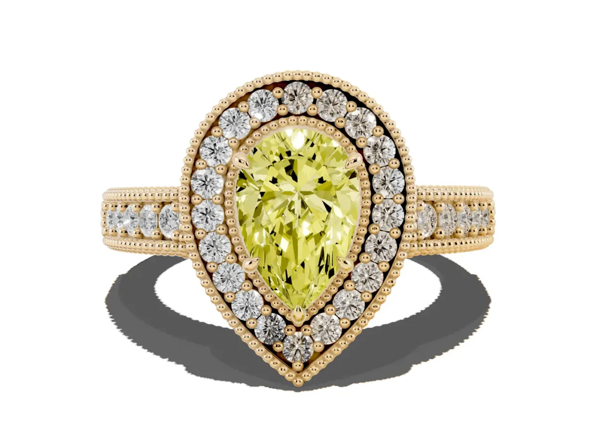 Fancy Yellow Pear Cut Cut Halo Diamond Ring with Pavé Band and Four-Prong Setting Yellow gold