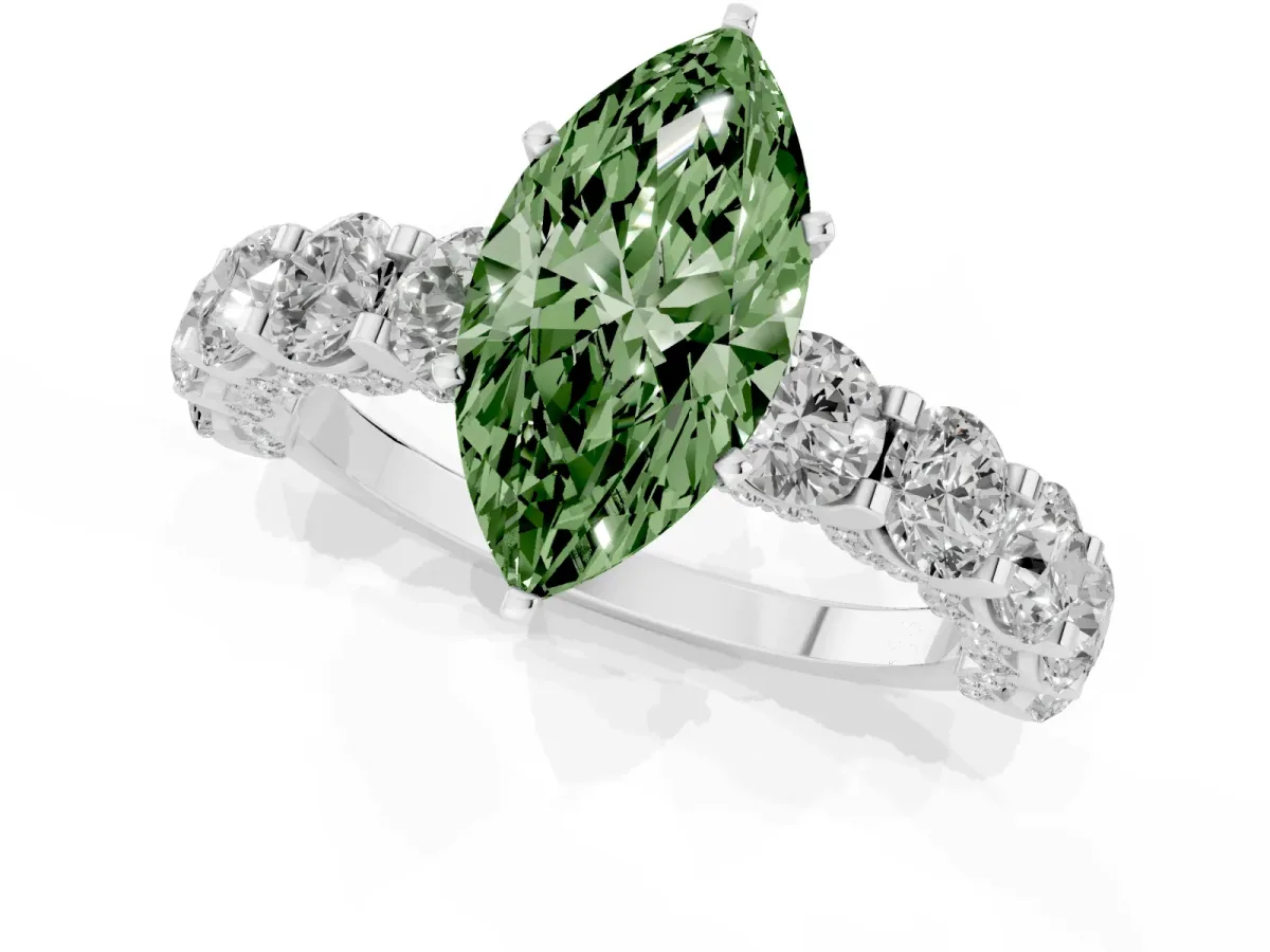 Fancy Green Marquise Cut Diamond Side Stone Engagement Ring with Four-Prong Setting White gold