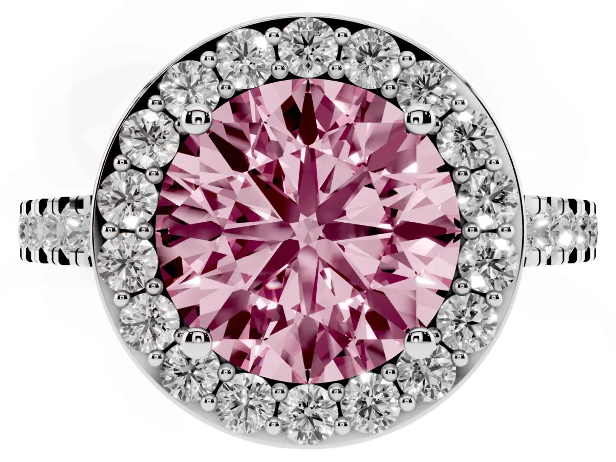 Fancy Pink Round Cut Diamond Halo Ring with Round Pavé Split Shank and Prong Setting Silver