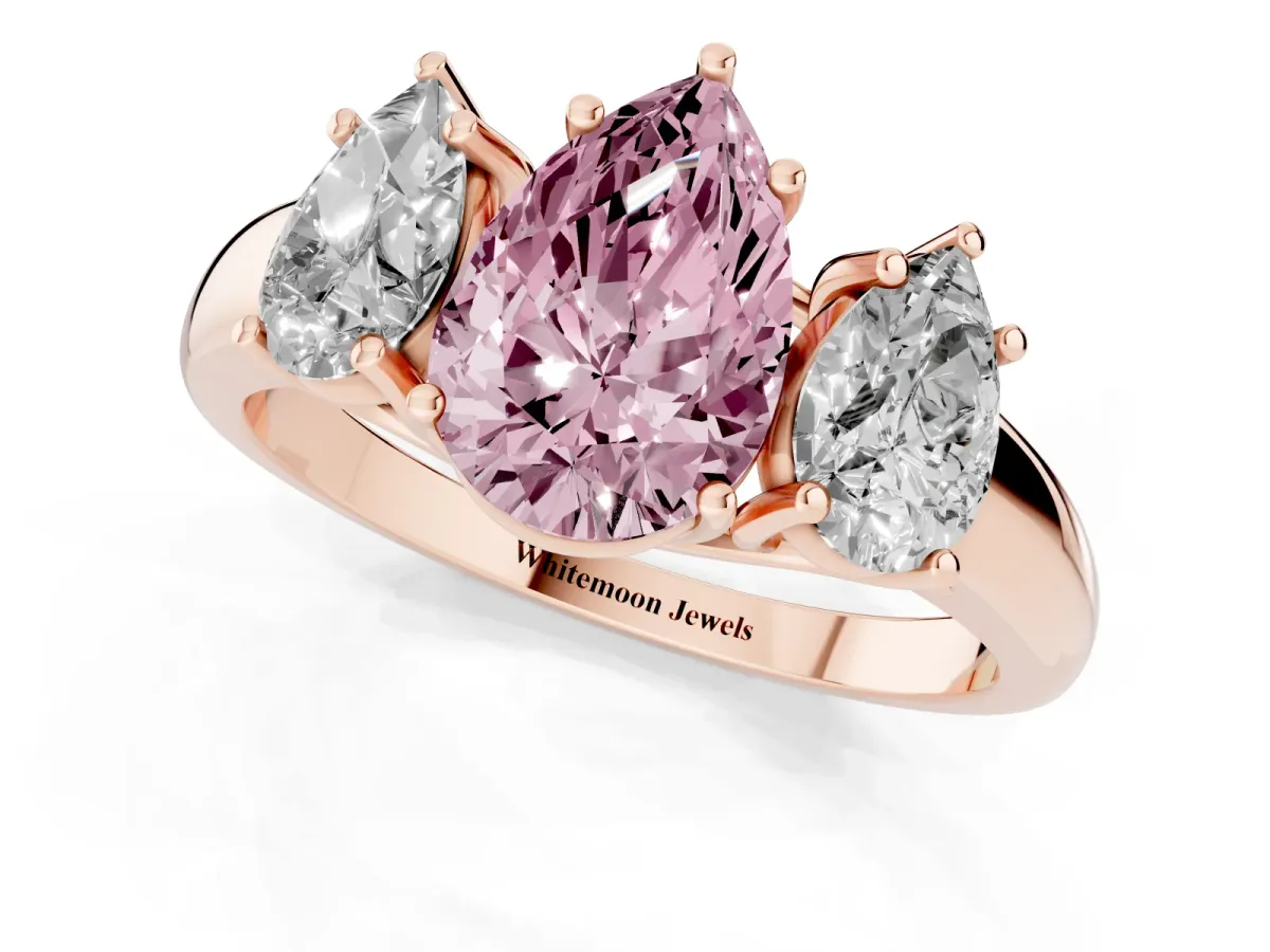 Fancy Pink Three-Stone Pear Cut Diamond Engagement Ring with Prong Setting Rose gold
