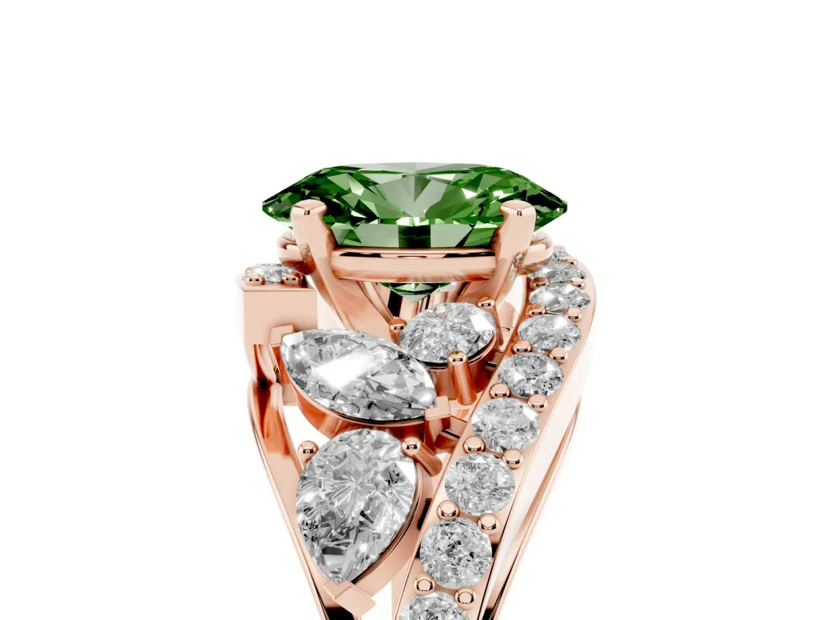 Fancy Green Oval Cut Diamond Halo Ring with Marquise and Pavé Band in Prong Setting Rose gold