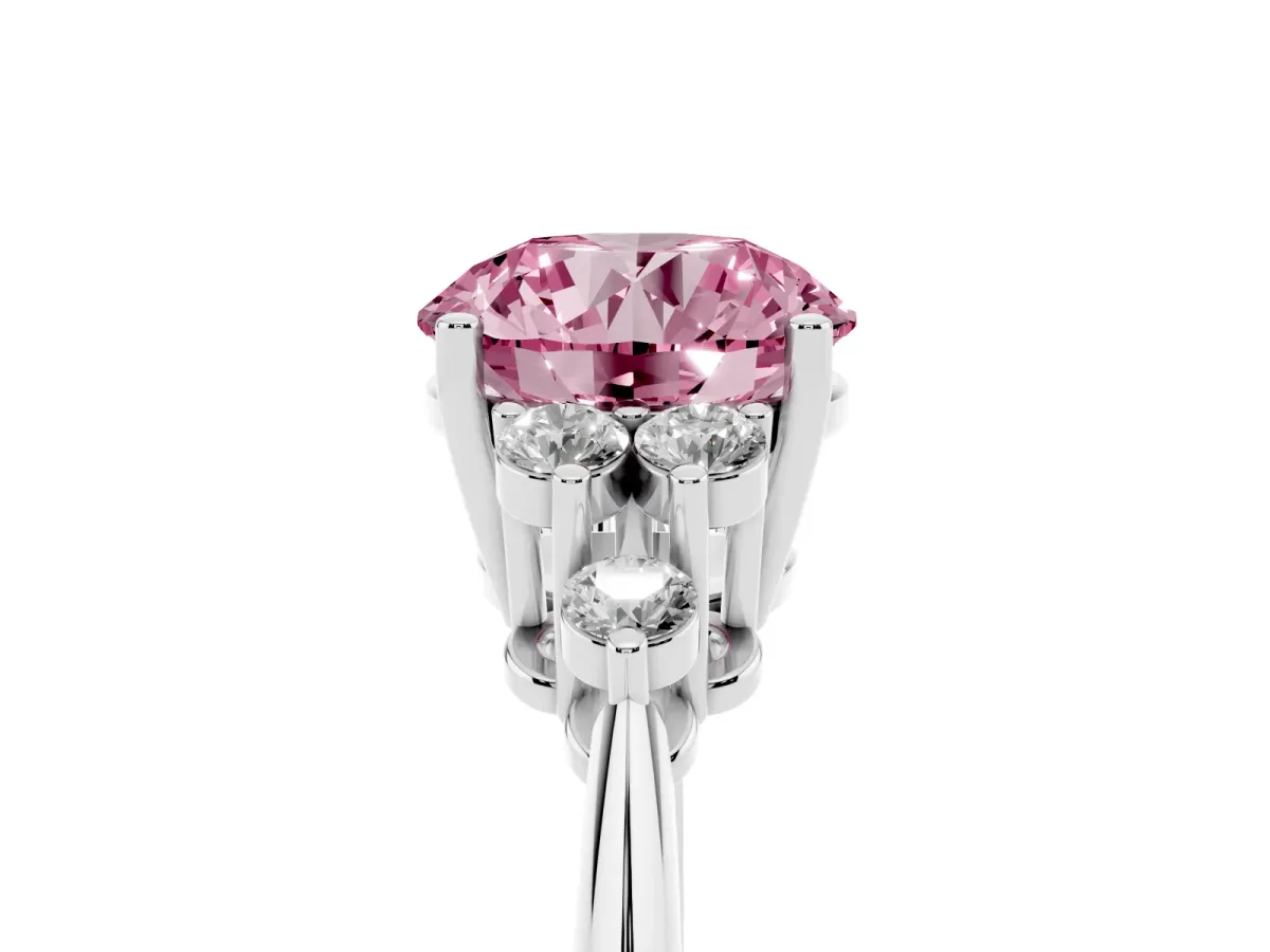 Fancy Pink Round Cut Cut Diamond Cluster Ring with Solitaire Band and Four-Prong Setting Silver