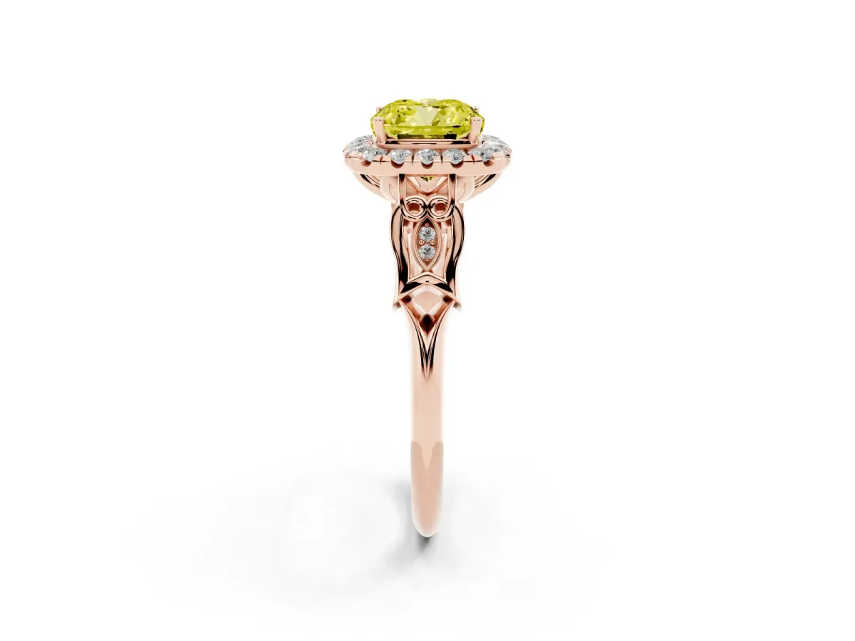 Fancy Yellow Cushion Cut Halo Diamond Engagement Ring with Filigree Band and Four-Prong Setting Rose gold