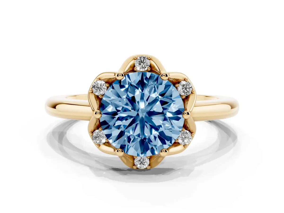 Fancy Blue Round Cut Halo Diamond Ring with Round Cluster Setting, Solitaire Band, and Four-Prong Setting Yellow gold