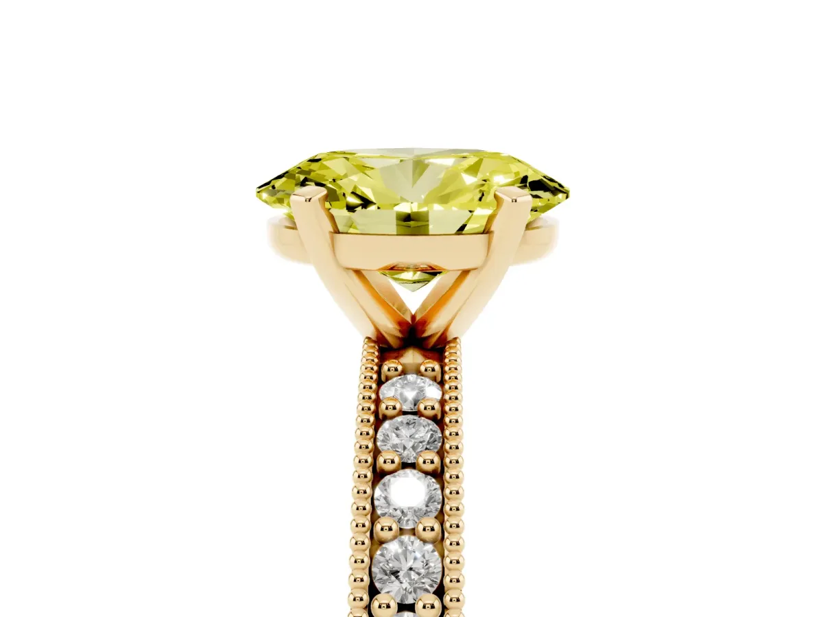 Fancy Yellow Oval Cut Diamond Milgrain Pavé Engagement Ring with Four-Prong Setting Yellow gold