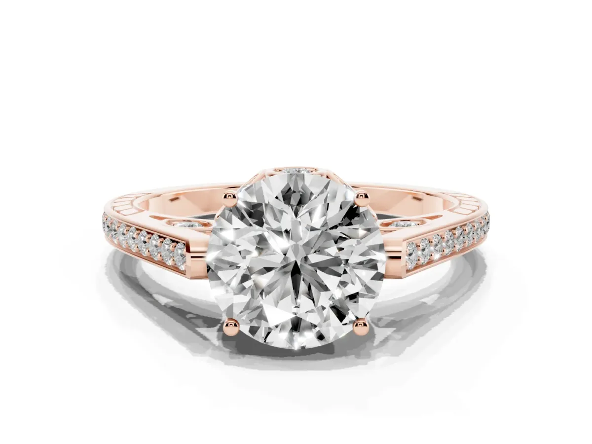 Round Cut Cut Cathedral Pave Diamond Engagement Ring with Six-Prong Setting Rose gold