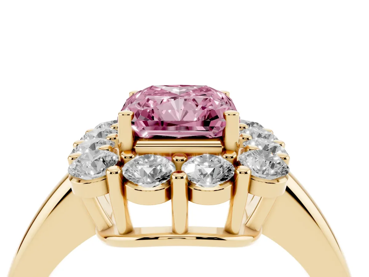 Fancy Pink Radiant Cut Halo Cluster Diamond Engagement Ring with Prong Setting and Polished Band Yellow gold