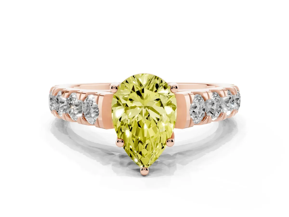 Fancy Yellow Pear Cut Cut Diamond Solitaire Ring with Micro Pave Band and Prong Setting Rose gold
